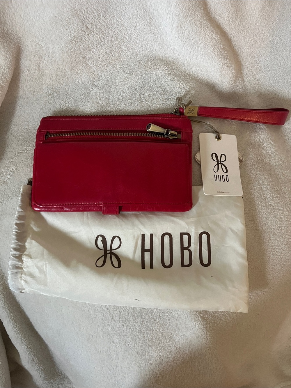 HOBO Bright Red Leather Wristlet with Front Zip Pocket